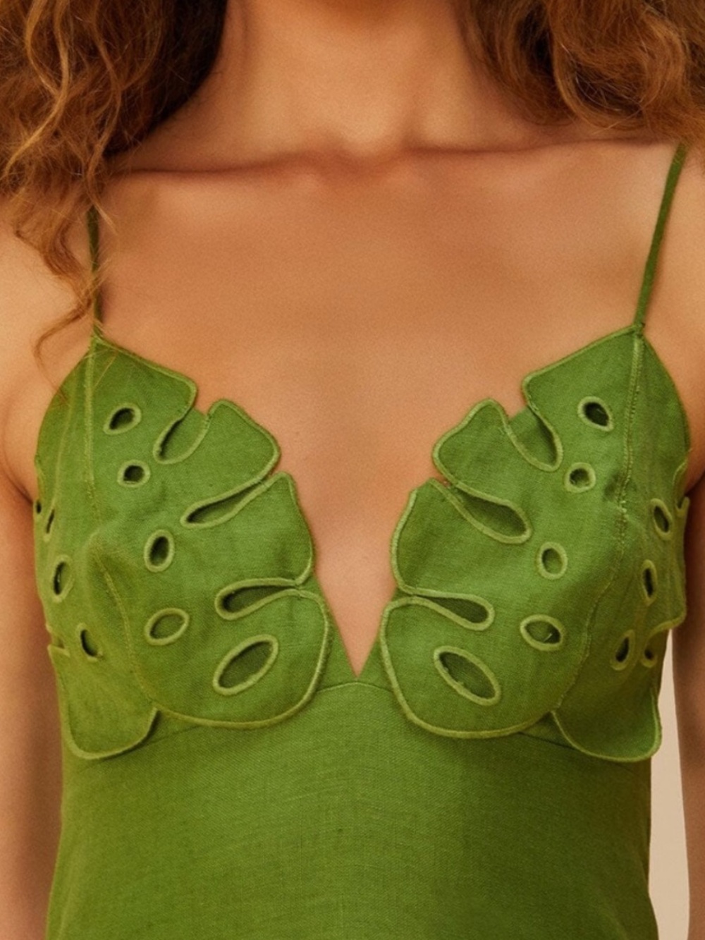 FARM Rio Green Spaghetti-Strap Midi Dress with Leaf Cutouts - Picture 3 of 6